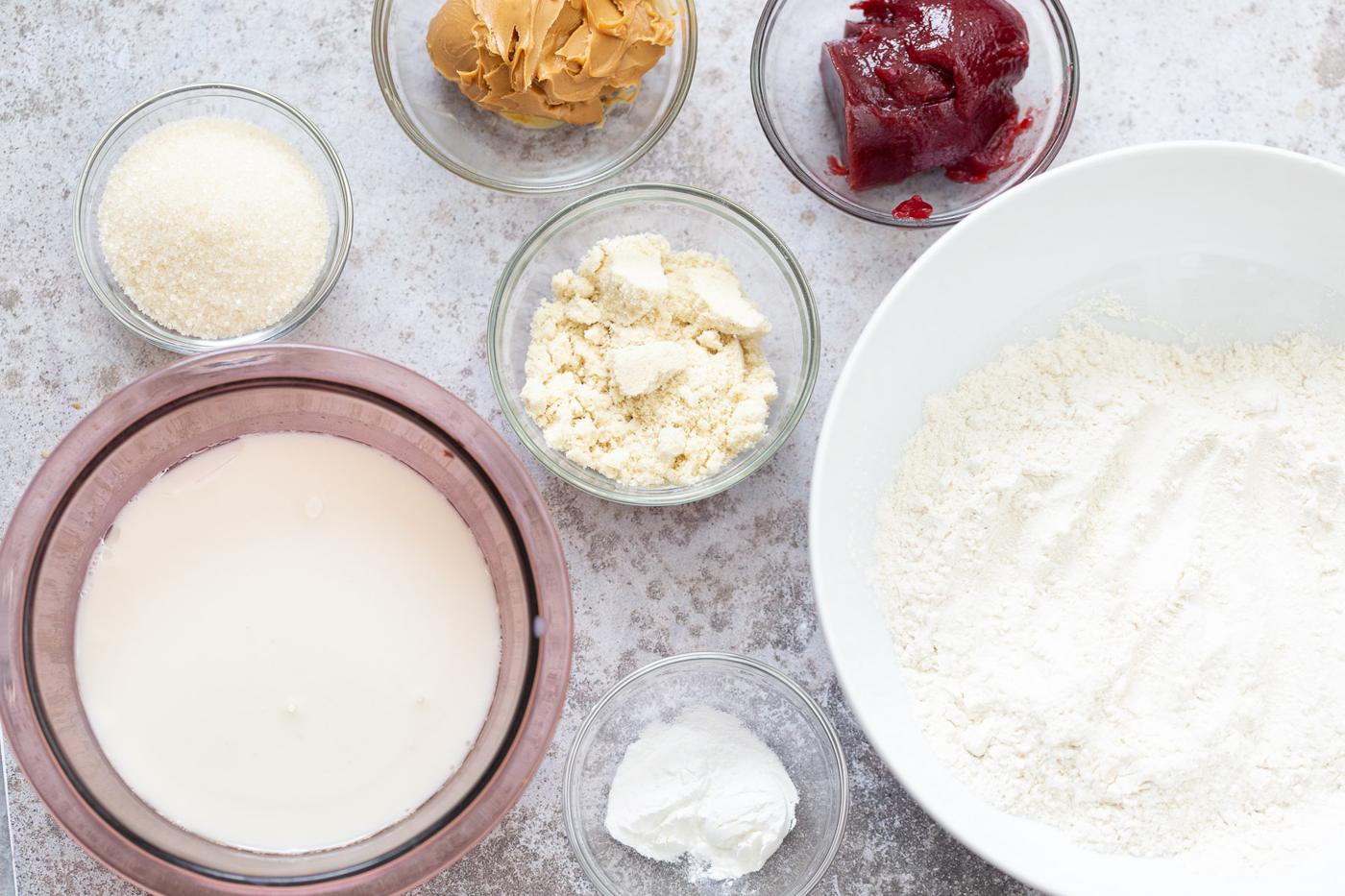 overhead shot of ingredients for peanut butter and jelly cake