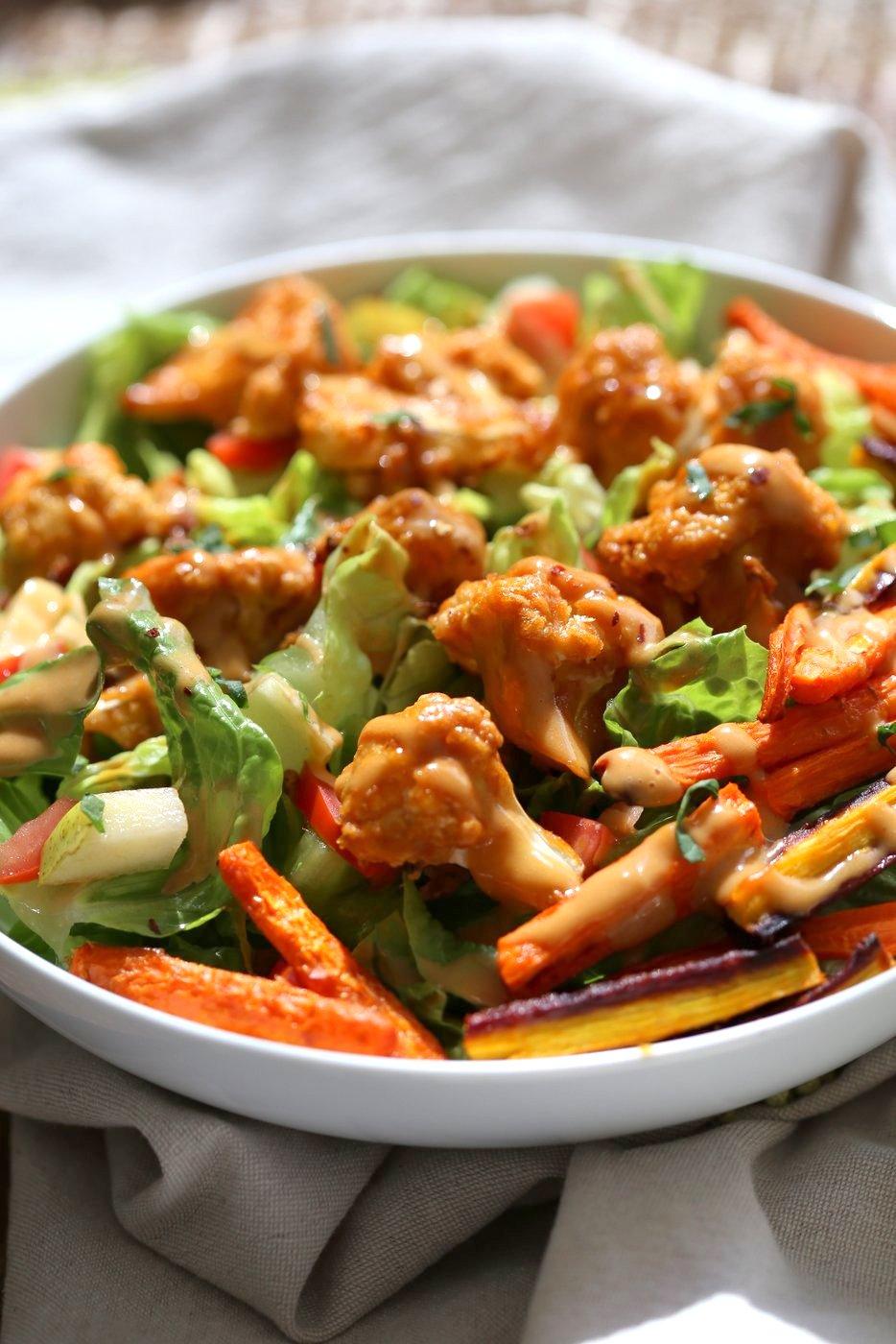 Peanut Butter Cauliflower Bowl with Roasted Carrots. Cauliflower tossed in peanut butter sauce and roasted, carrots tossed in hot sauce and roasted. Vegan Recipe, Gluten-free Recipe. | VeganRicha.com