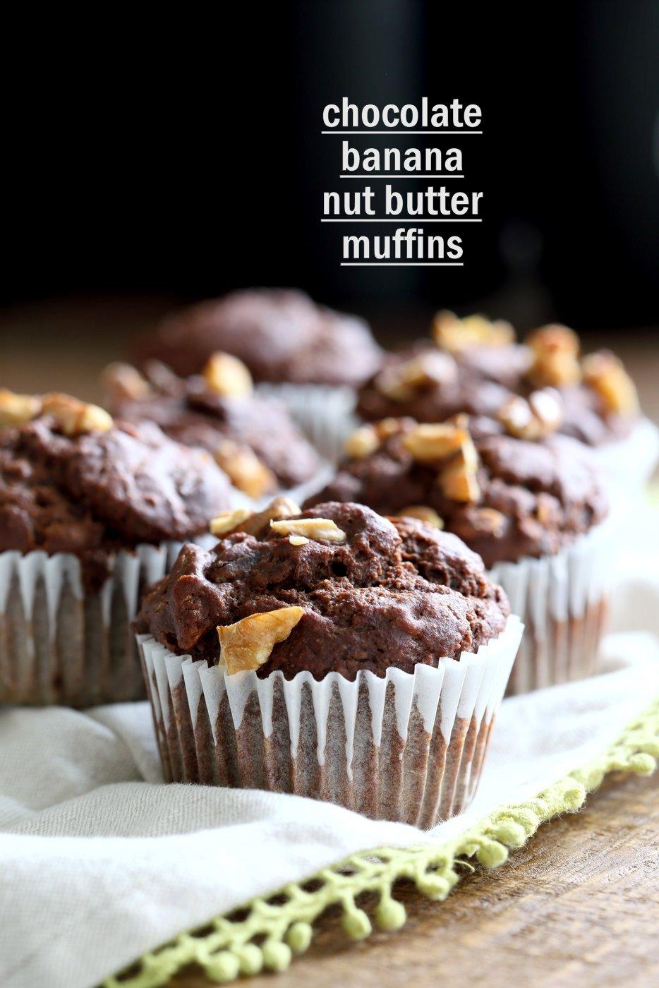 Peanut Butter Chocolate Banana Muffins 1 Bowl / Blender. No Added oil in these tall muffins. Easy 1 Bowl Chocolate Banana Muffins. Vegan Soy-free Recipe. Gluten-free option | VeganRicha.com
