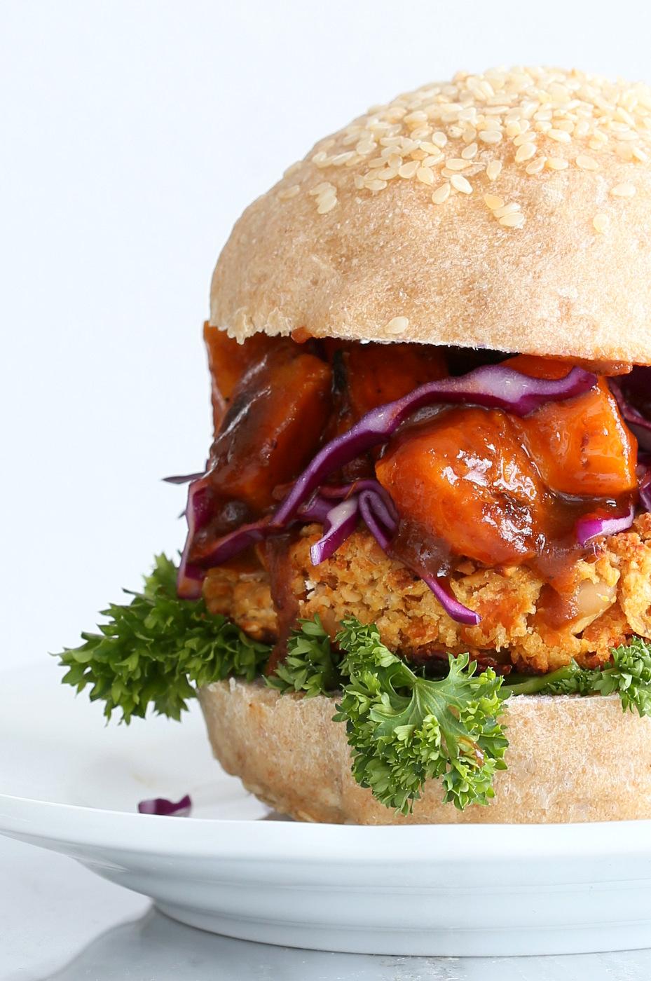 White Bean Burgers with Carrots, Peanuts and thai flavors. Topped with sweet and sour Butternut squash. Asian Peanut Bean Burgers. Vegan Gluten free Option | VeganRicha.com