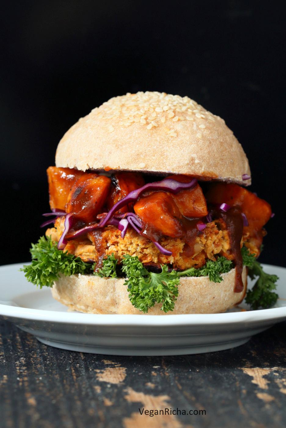 White Bean Burgers with Carrots, Peanuts and thai flavors. Topped with sweet and sour Butternut squash. Asian Peanut Bean Burgers. Vegan Gluten free Option | VeganRicha.com