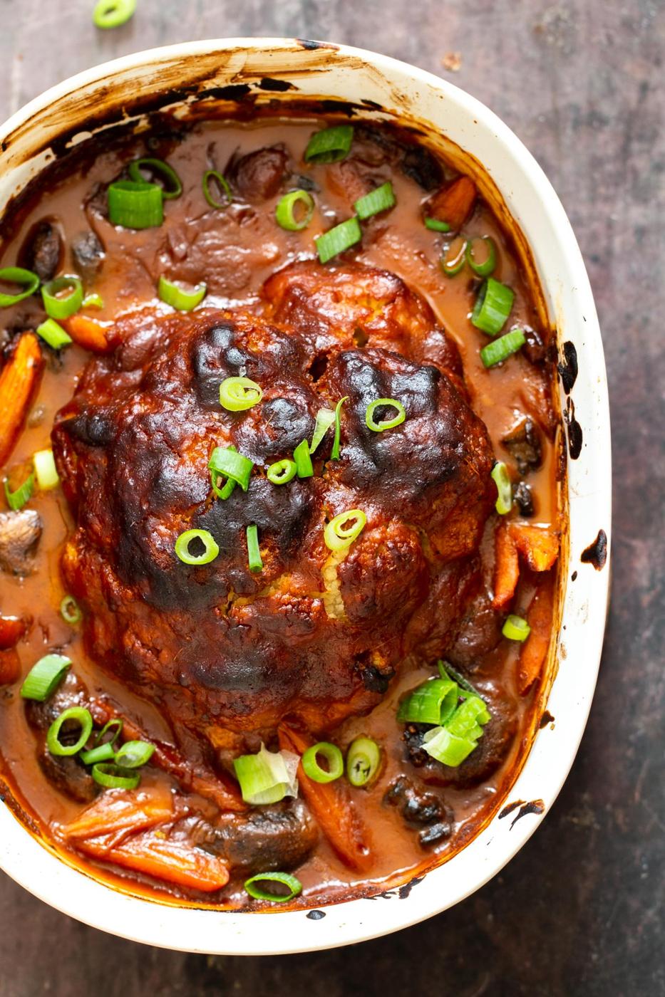 whole roasted cauliflower with vegan peanut butter miso glaze