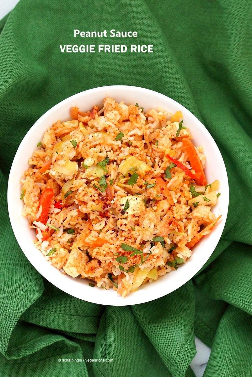 Peanut Sauce Fried Rice with Tofu, Carrots, red bell pepper, Cabbage and cilantro. Use cooked chickpeas to make soy-free, | VeganRicha.com #vegan #glutenfree #friedrice
