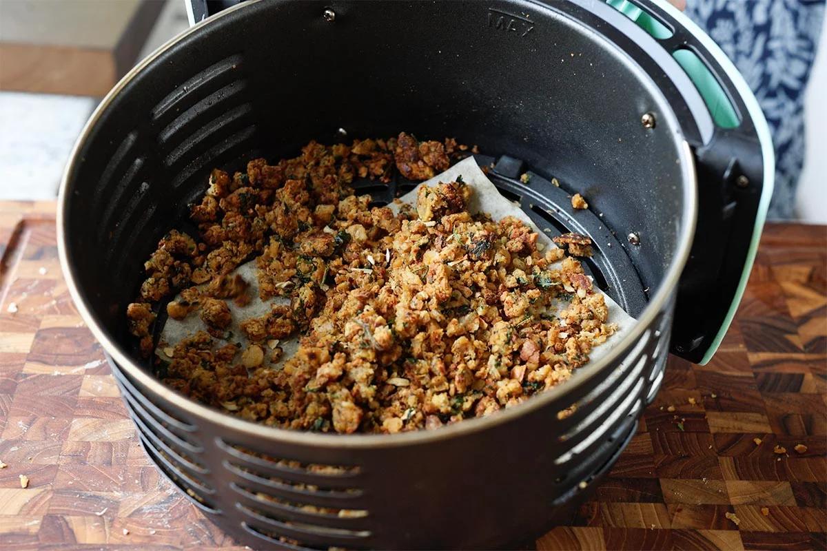 chickpea mixture in the air fryer after cooking