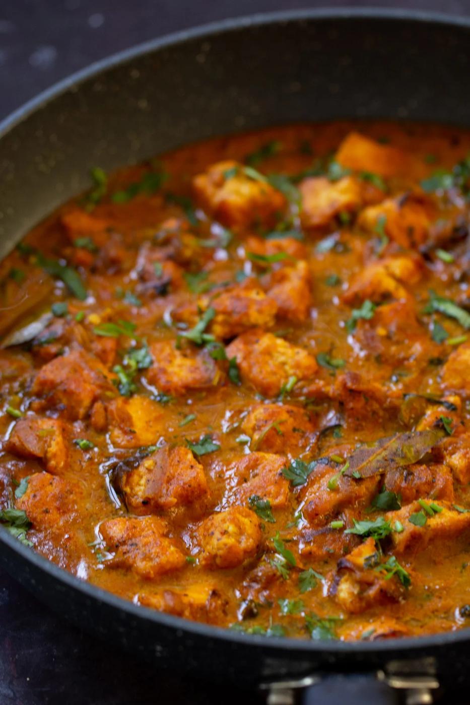 close-up of tofu pepper fry in the skillet after cooking