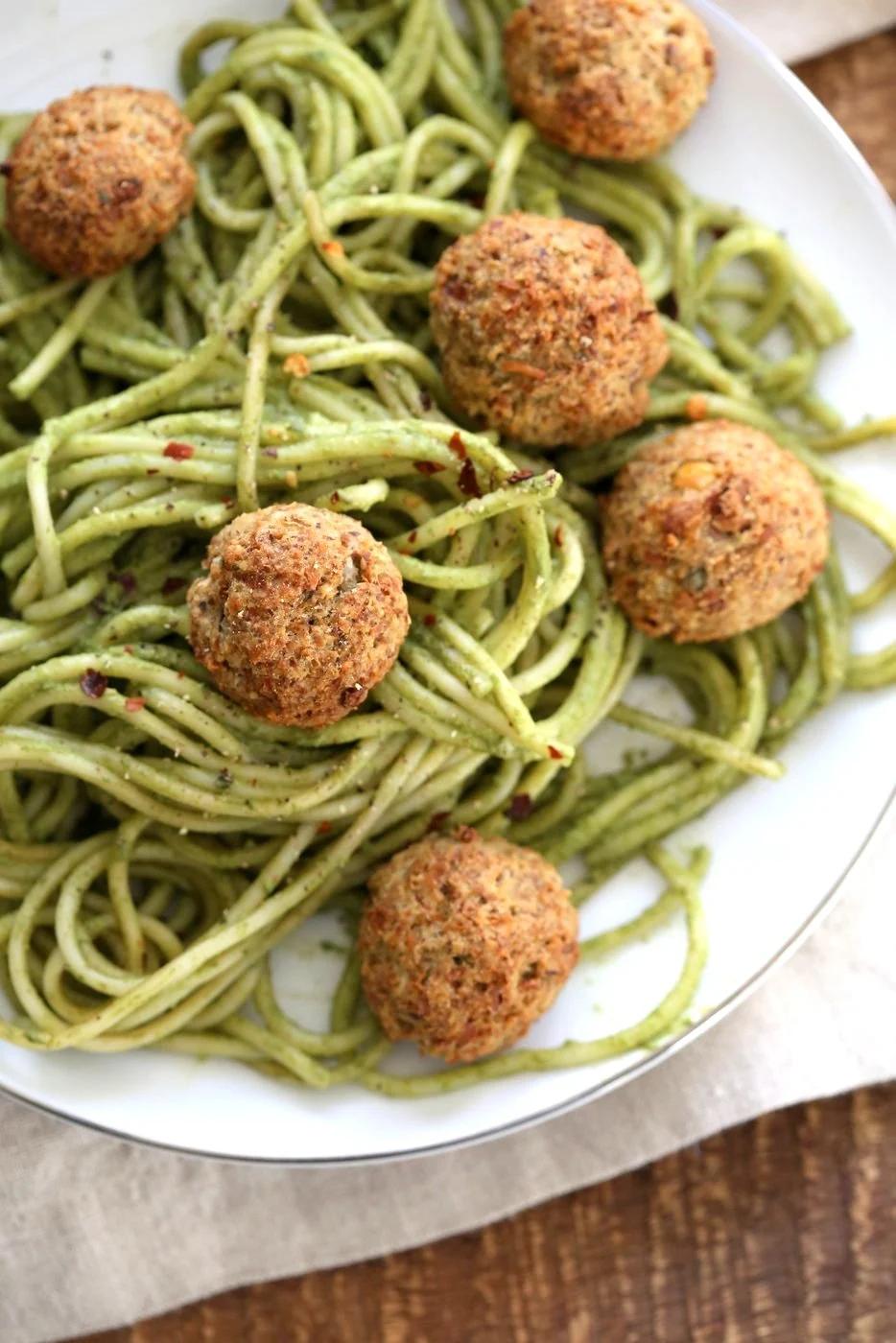 Amazing Pesto Spaghetti with Vegan Meatballs made with Chickpeas. Vegetarian Chickpea Walnut "meatballs" over pesto pasta. Ready in 40 Minutes. Vegan Soyfree Recipe. Can be Glutenfree | VeganRicha.com