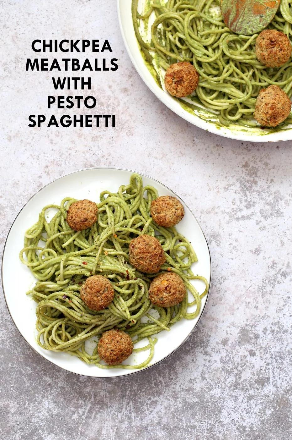 Pesto Spaghetti with Vegan Meatballs (Chickpea Walnut balls)