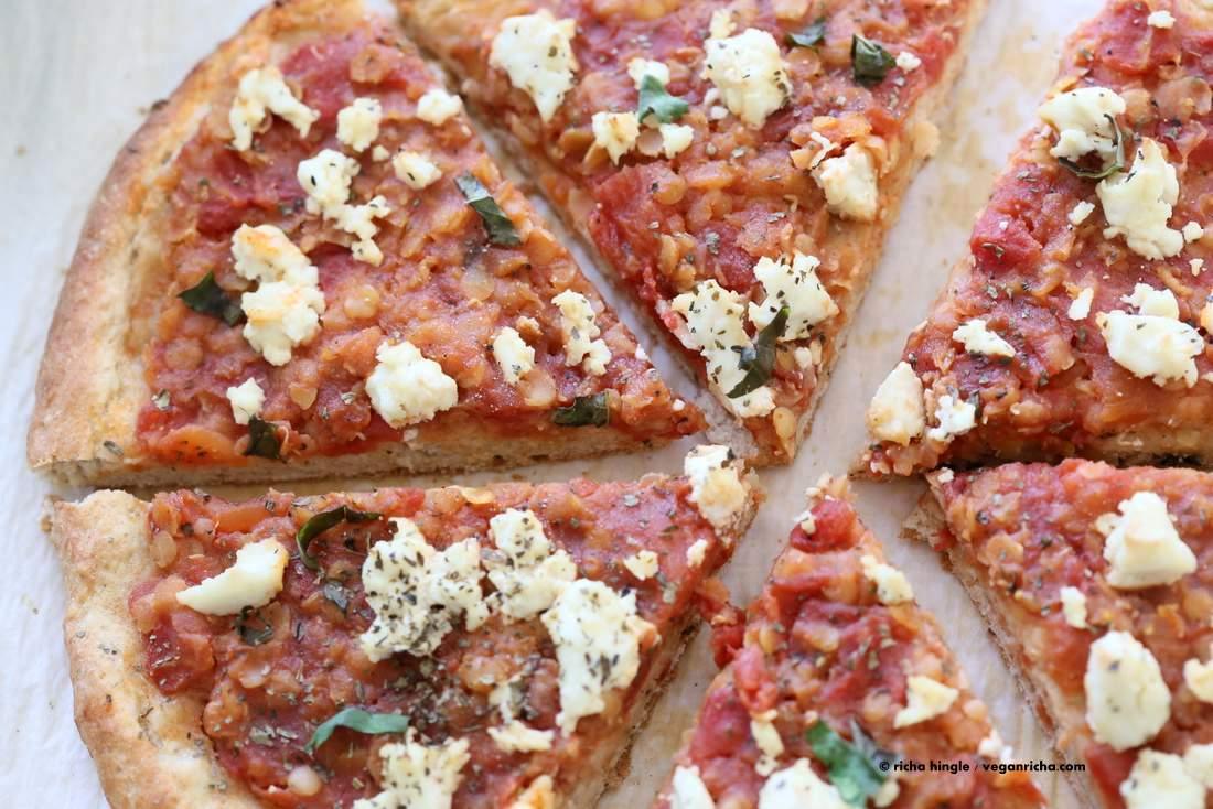 Chipotle Red lentil Tomato Sauce, Basil and Vegan Ricotta Pizza | Pitzn