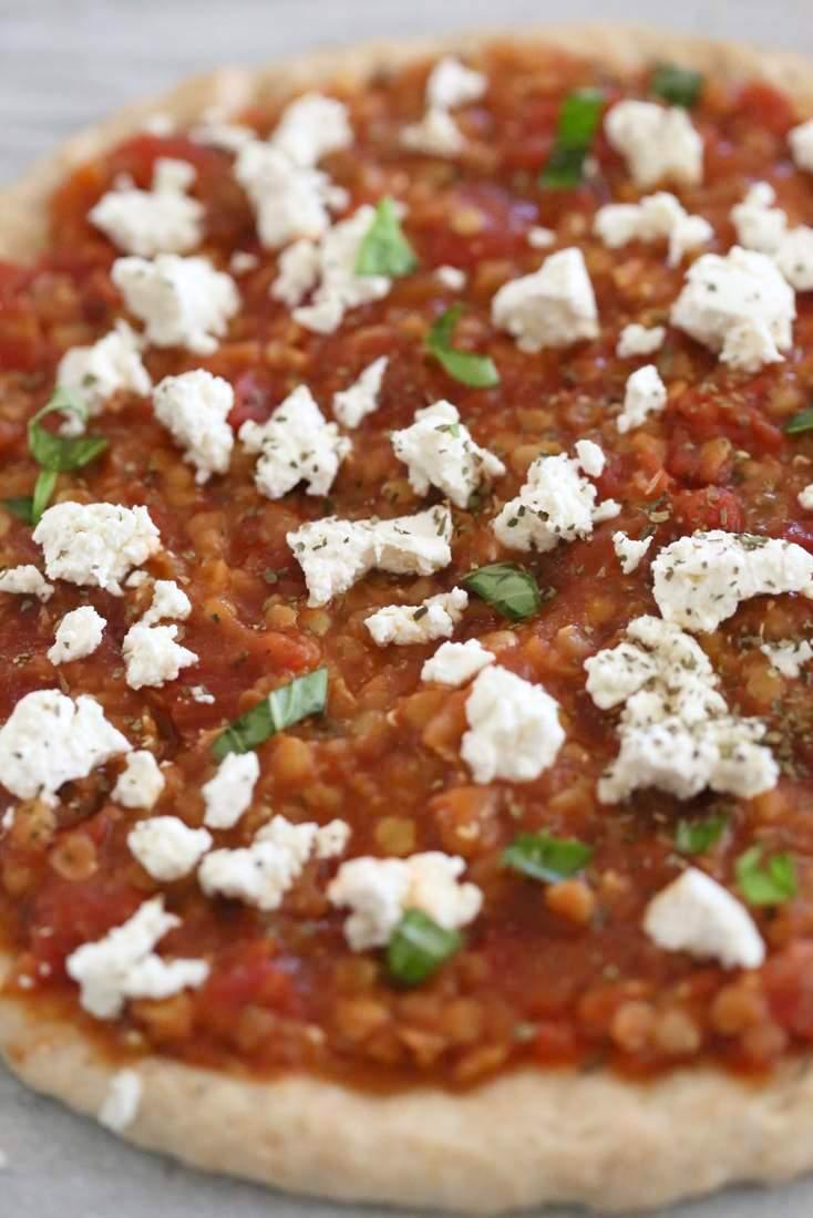 Chipotle Red lentil Tomato Sauce, Basil and Vegan Ricotta Pizza | Pitzn