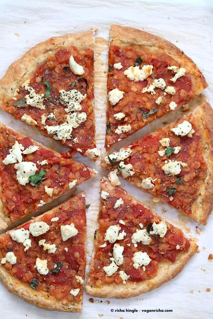Chipotle Red lentil Tomato Sauce, Basil and Vegan Ricotta Pizza | Pitzn