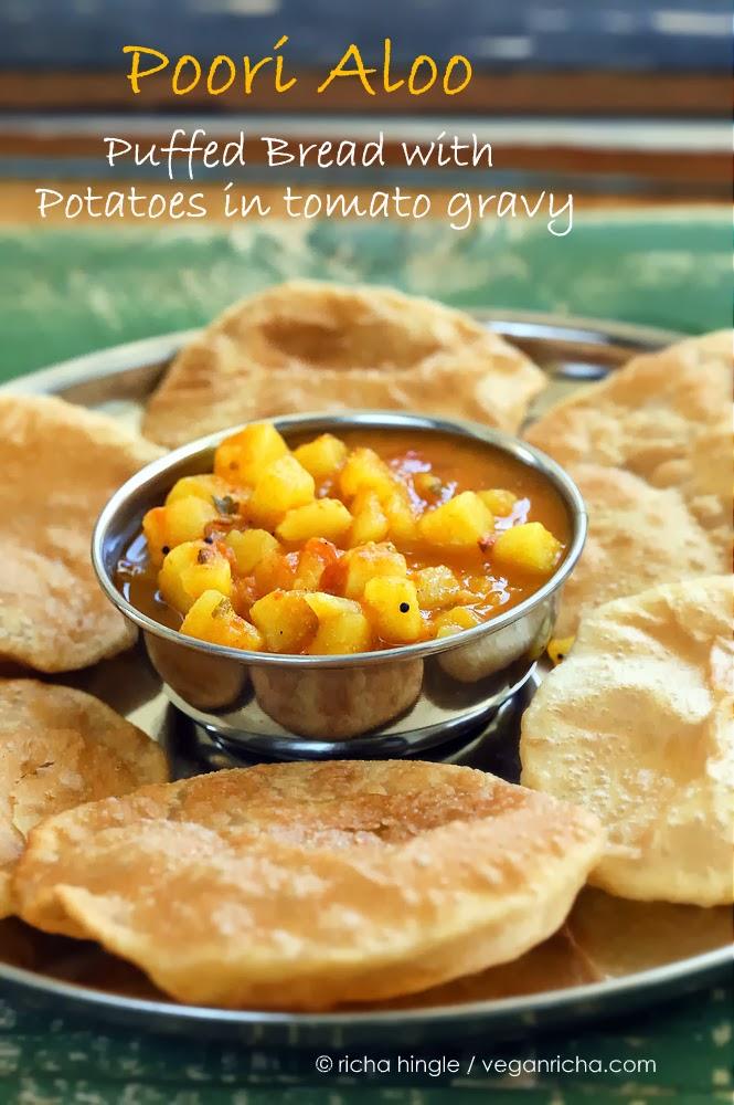 Poori Aloo – Puffed Bread with Potatoes in Tomato gravy. Vegan Recipe