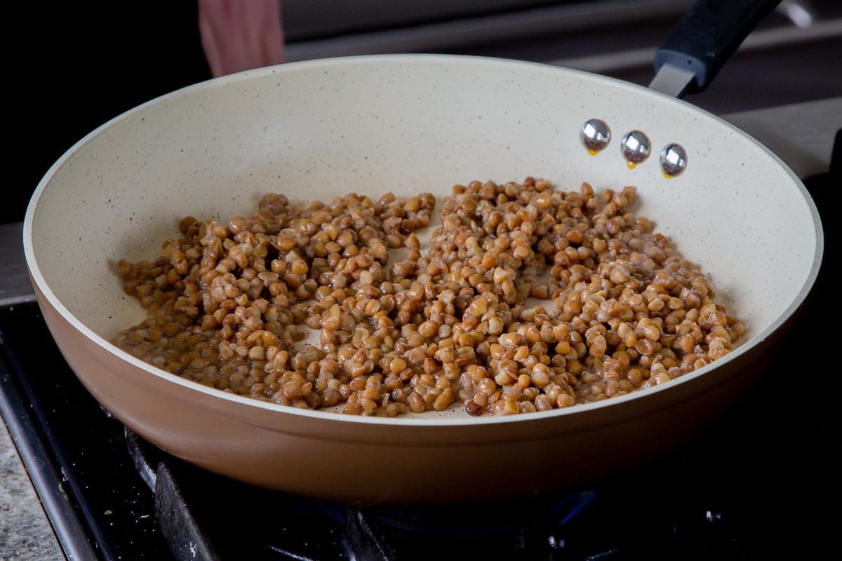 lentils in the pan, before popping