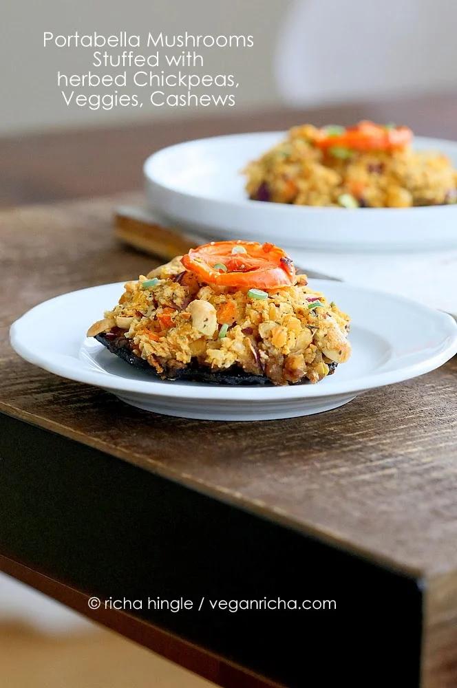 side view of Vegan Stuffed Portobello Mushrooms filled with Herbed Chickpeas, veggies, and cashews