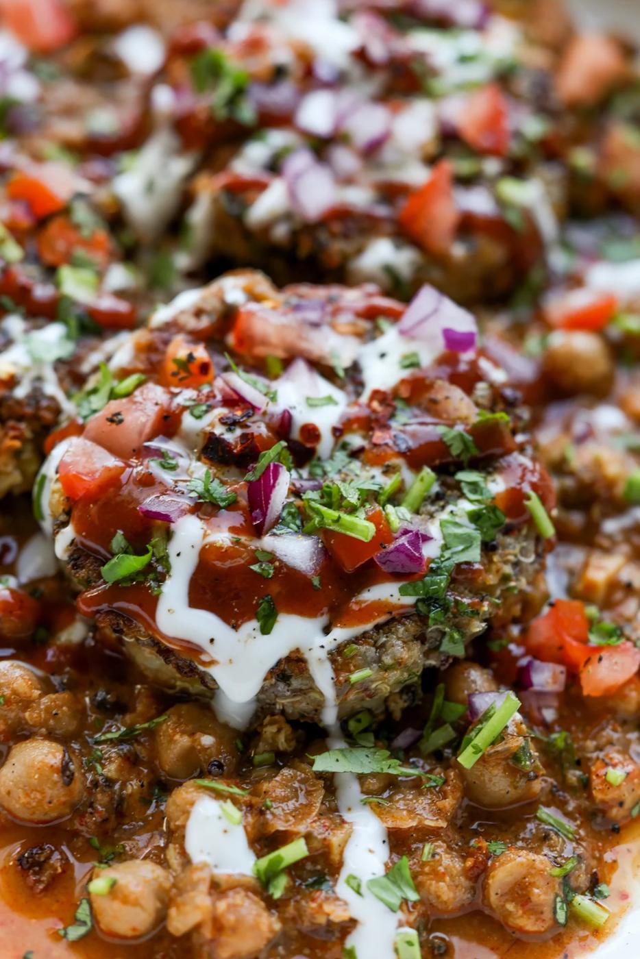 extreme close-up of the potato patty with toppings