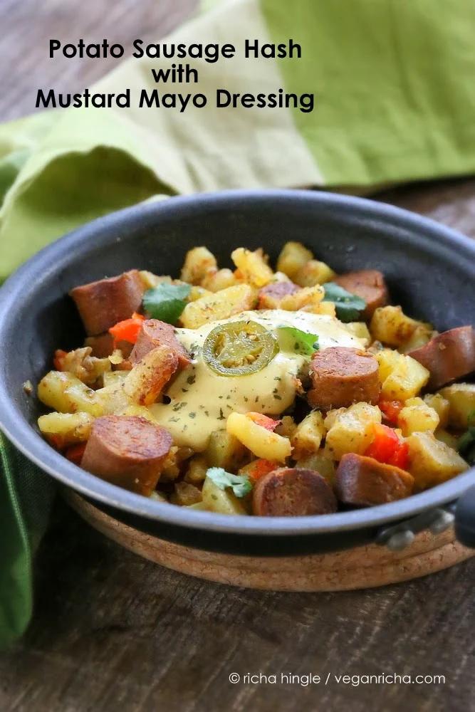 Potato Sausage Hash with Mustard Mayo dressing. Vegan Recipe