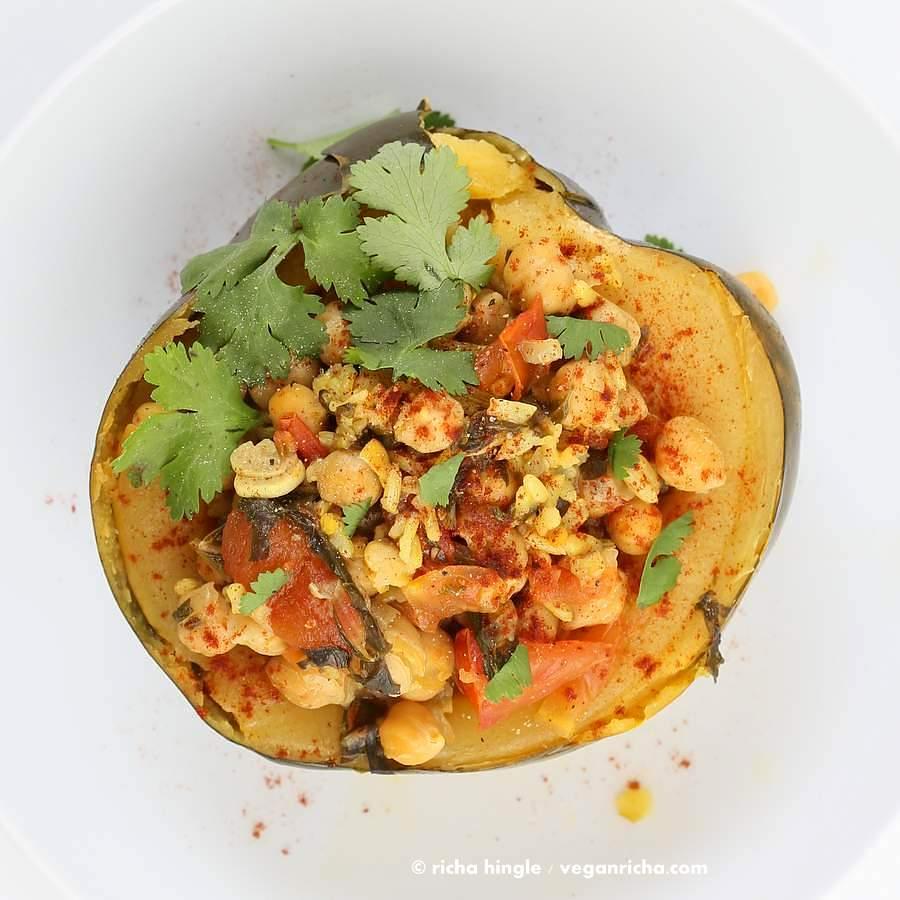 Pressure Cooker Curried chickpea Stuffed Acorn Squash | Pitzn