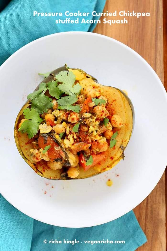 Pressure Cooker Curried Chickpea stuffed Acorn Squash.