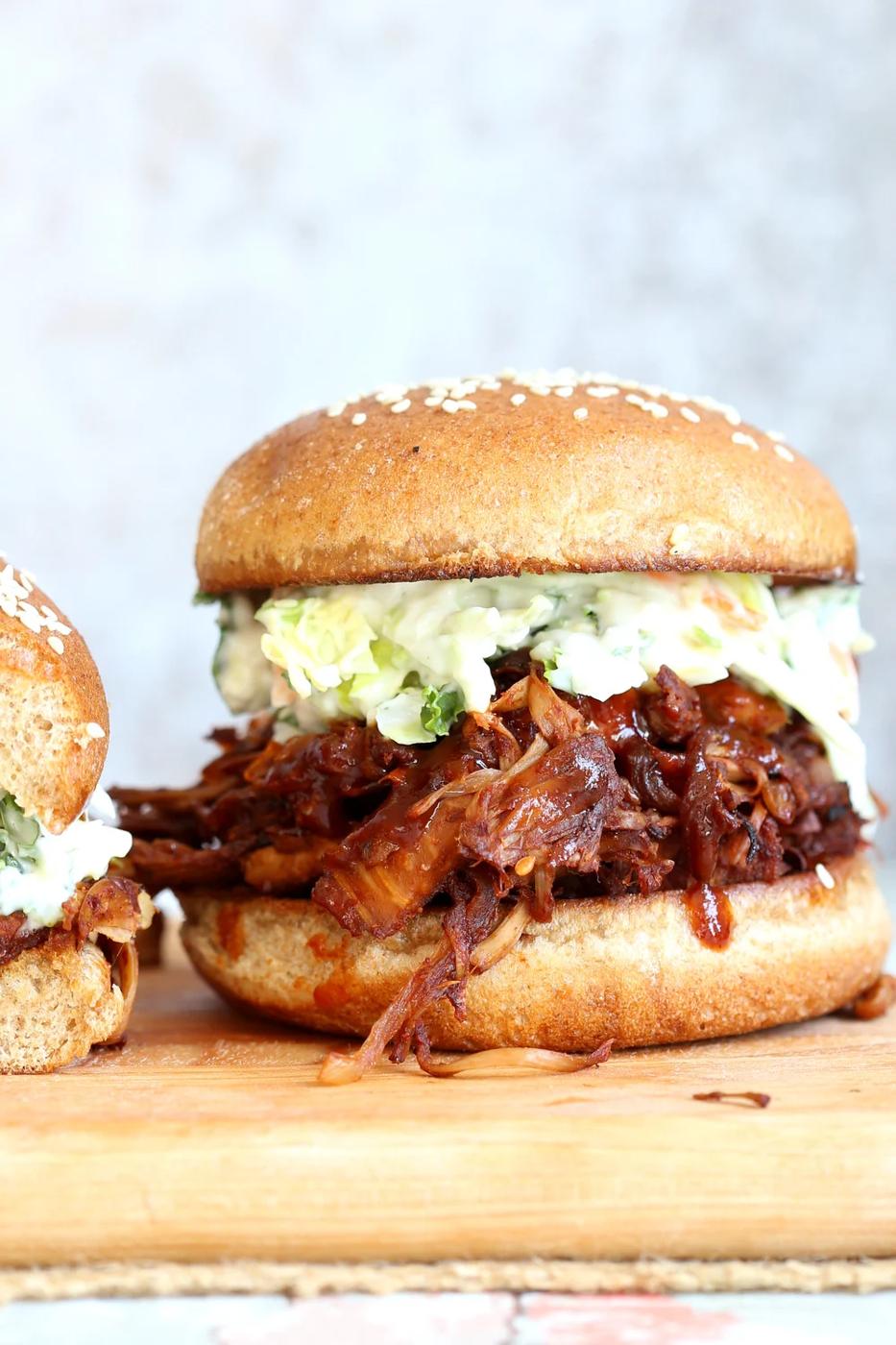 Our Vegan Pulled Jackfruit Sandwiches on wood board