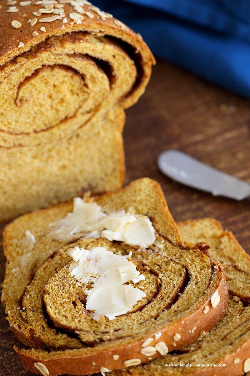 Pumpkin Cinnamon Swirl Bread! Pumpkin Sandwich bread with a swirl of cinnamon and sugar. Yeasted Loaf. | VeganRicha.com #vegan #breakfast #recipe
