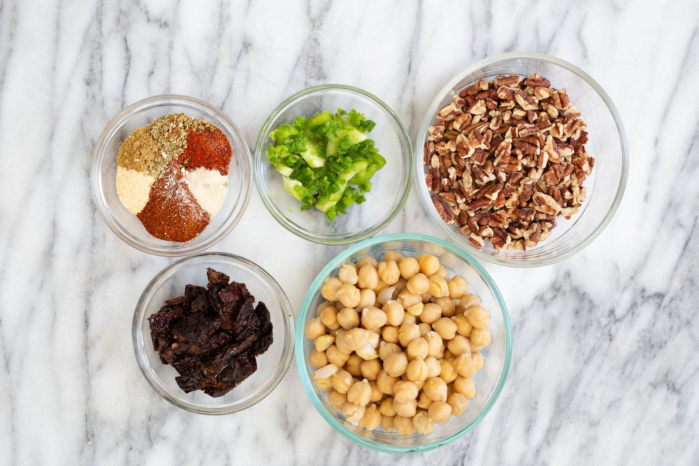 overhead shot of ingredients needed for making vegan walnut taco meat