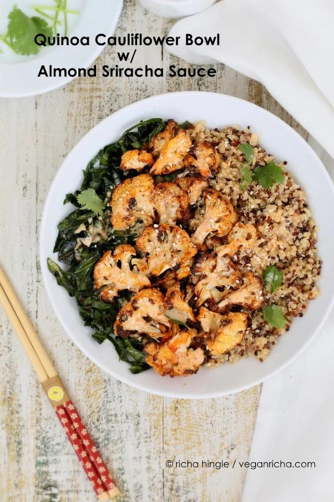 Quinoa Cauliflower Bowl with Almond Sriracha Sauce. Vegan Glutenfree Recipe