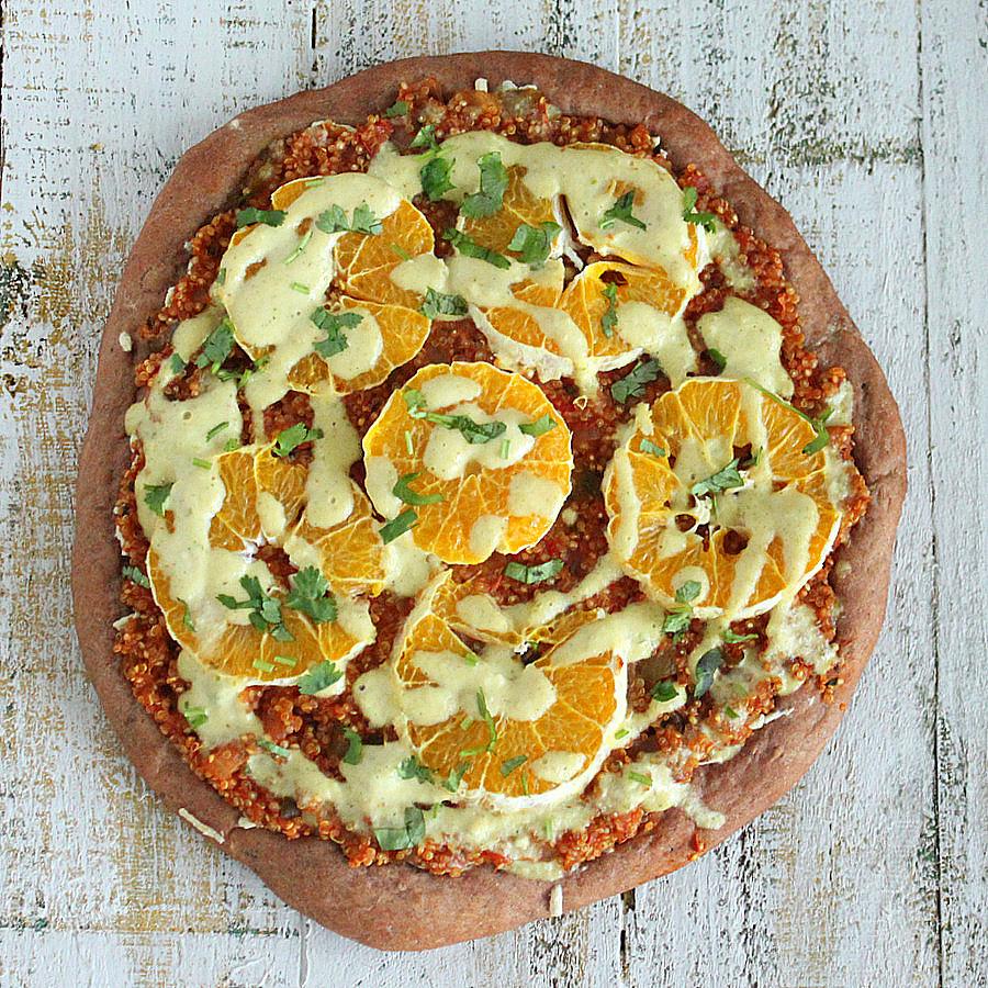 Quinoa Sloppy Joes Pizza with Rye Crust, Orange slices, Jalapeno Aioli |VeganRicha.com #vegan #pizza