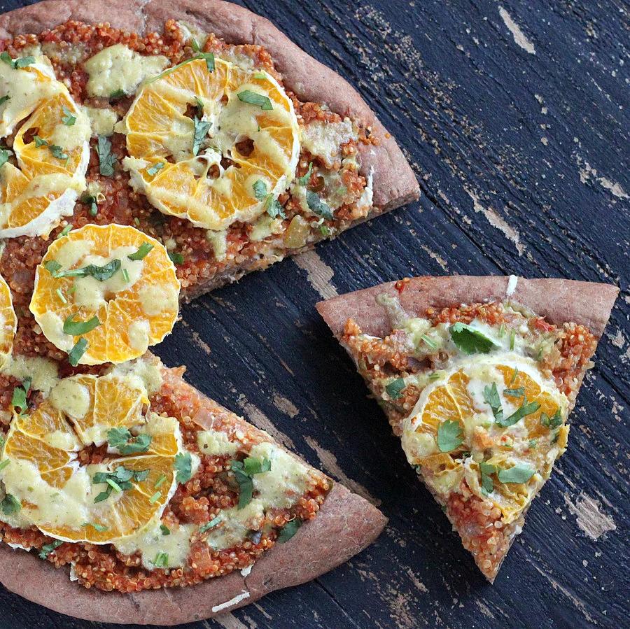 Quinoa Sloppy Joes Pizza with Rye Crust, Orange slices, Jalapeno Aioli |VeganRicha.com #vegan #pizza