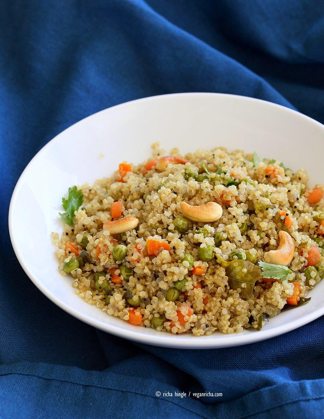 Quinoa Upma Recipe. Indian Savory Breakfast or Side with Quinoa with mustard seeds, toasted cashews, carrots and peas. Vegan Gluten-free Soy-free Recipe | VeganRicha.com