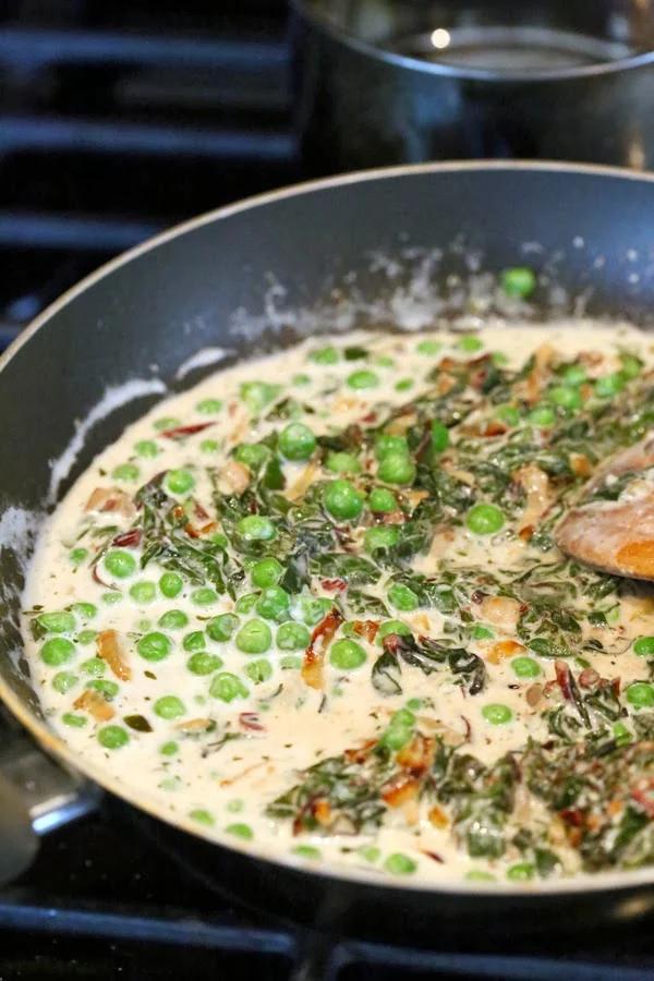 Rainbow Chard and Peas in Creamy gravy. Chard /Methi Matar Malai Vegan. Dairy-free creamy greens & peas w/ indian spices, somewhat like spinach dip. Gluten-free Soy-free Recipe