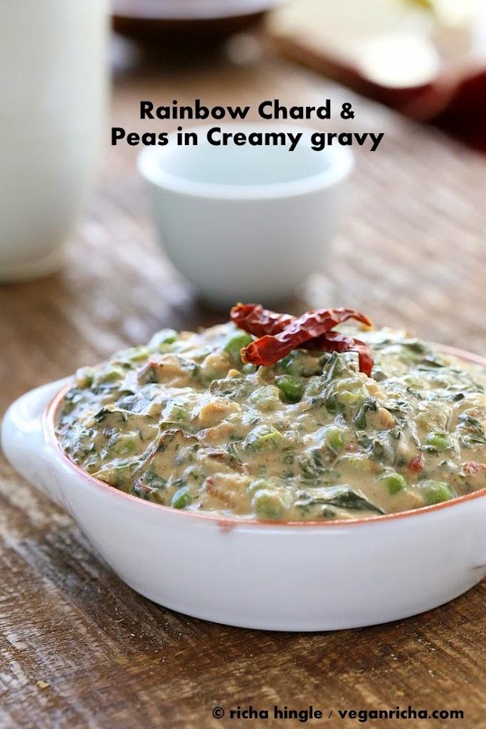 Rainbow Chard and Peas in Creamy gravy. Chard /Methi Matar Malai Vegan Glutenfree Recipe