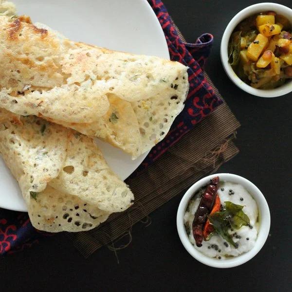 Gluten free Rava Dosa (Quick Indian Rice flour crepes) with Potato masala and coconut chutney. vegan recipe.