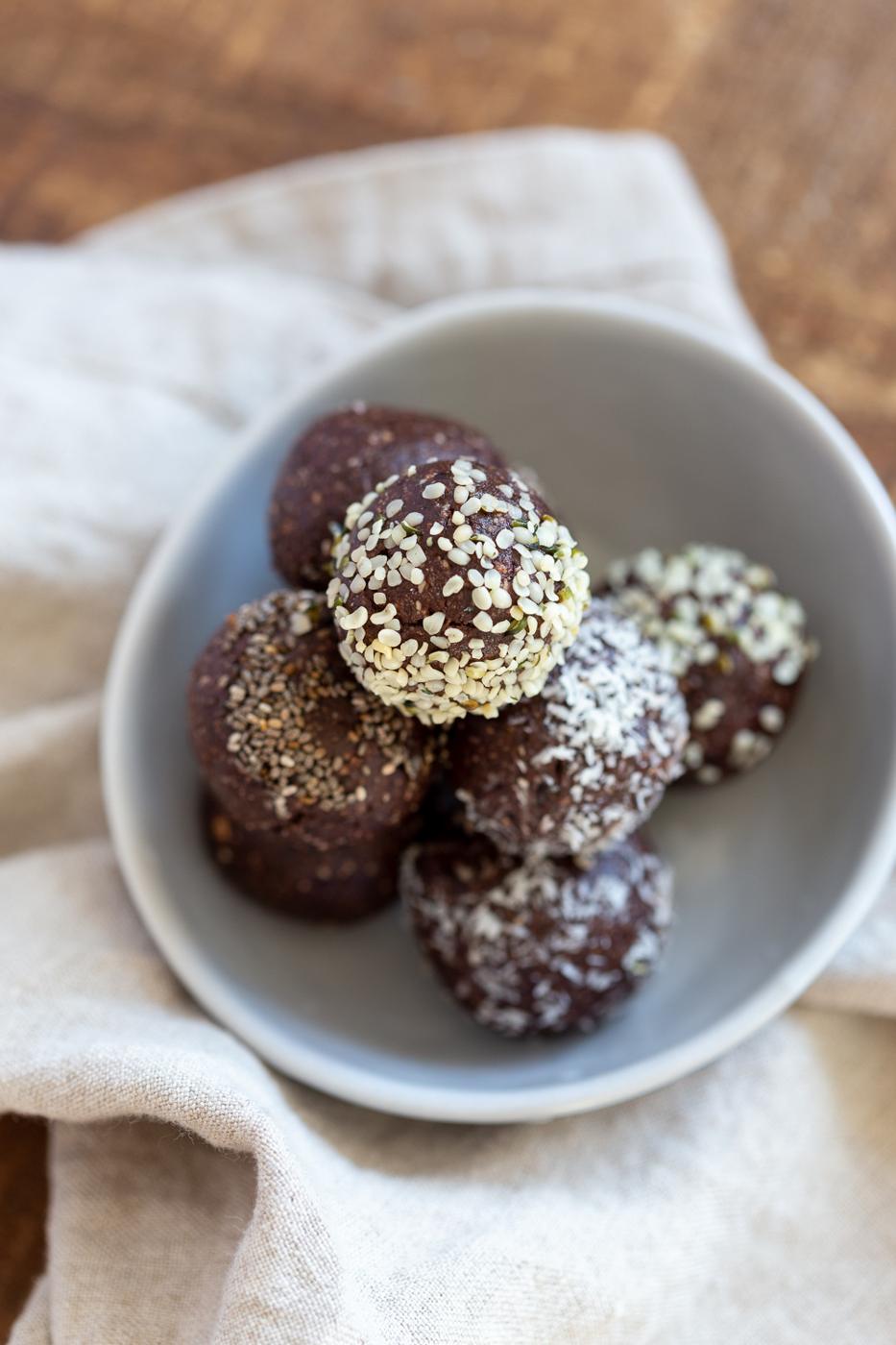 Our Raw Vegan Brownie Bites in grey bowl