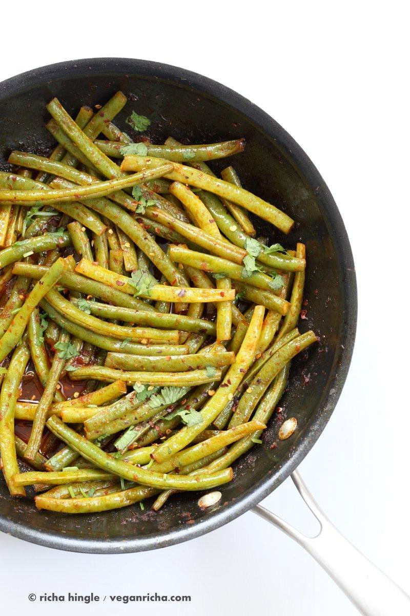 Red Curry Green Beans - Green Beans Stir fry with red curry paste, kaffir lime, sugar and chile. Phad Phrik Khing #Vegan #Glutenfree #Soyfree #Recipe | VeganRicha.com