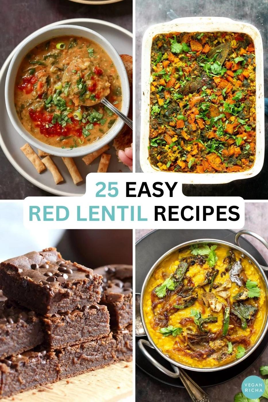 image collage of split red lentil recipes: soup, curry, dal, and brownies. Text overlay.