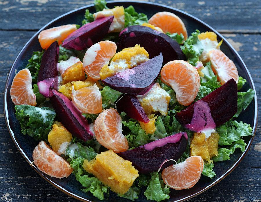 Roasted Acorn, Beet, Satsuma Salad with Almond Sesame dressing
