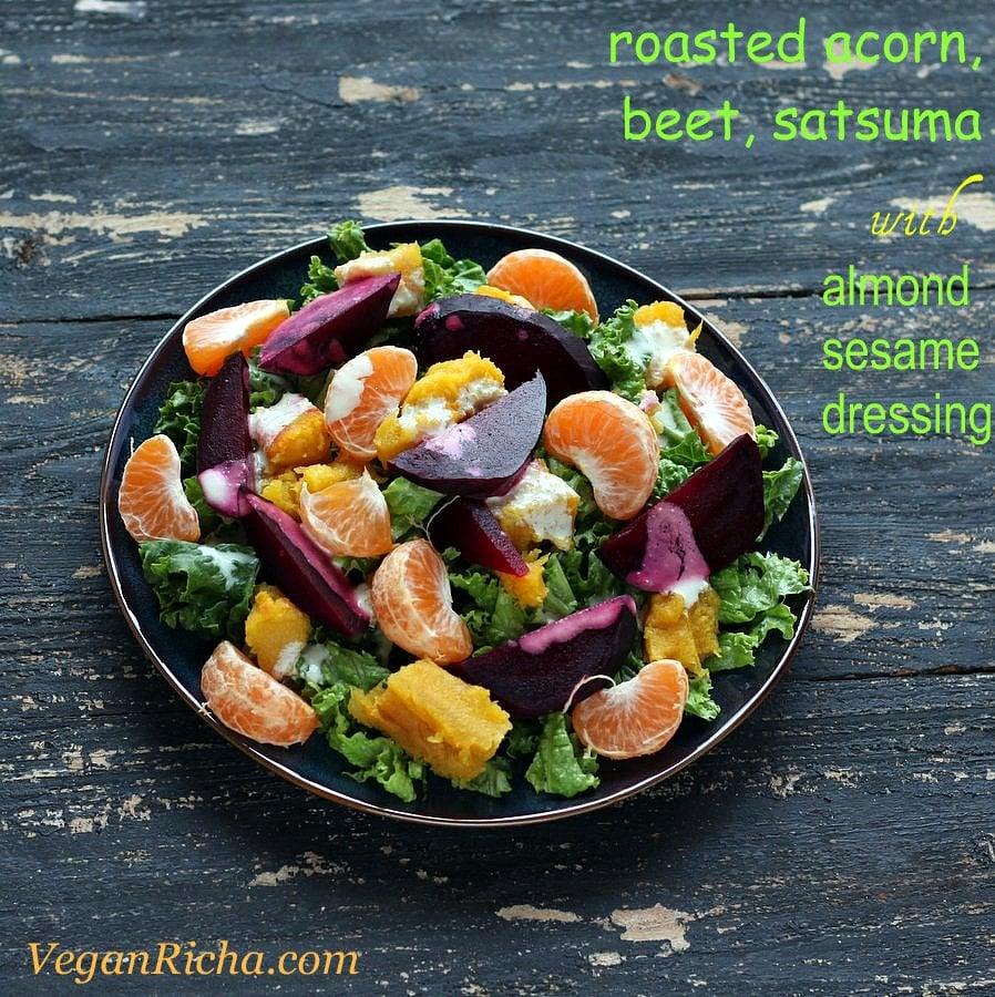 Roasted Acorn, Beet, Satsuma, Kale Salad with Almond Sesame dressing. Glutenfree Vegan Recipe