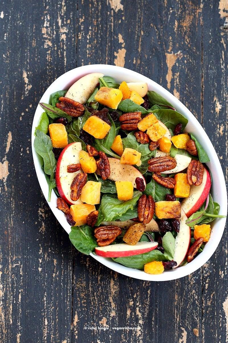 Roasted Butternut Squash Apple Cranberry Salad with harrissa Spiced Pecans. Easy Thanksgiving Salad. | VeganRicha.com #vegan #glutenfree #soyfree #recipe