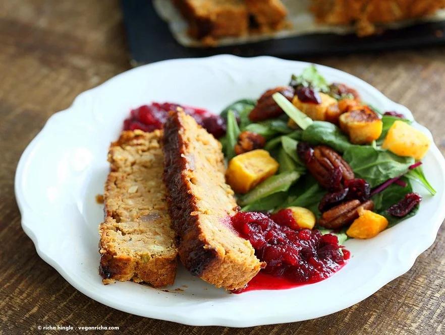 Chickpea Veggie Loaf with spices and a spicy bbq glaze with Roasted Butternut, Apple, Cranberry salad with Harissa Spiced Pecans | VeganRicha.com #vegan can be #glutenfree