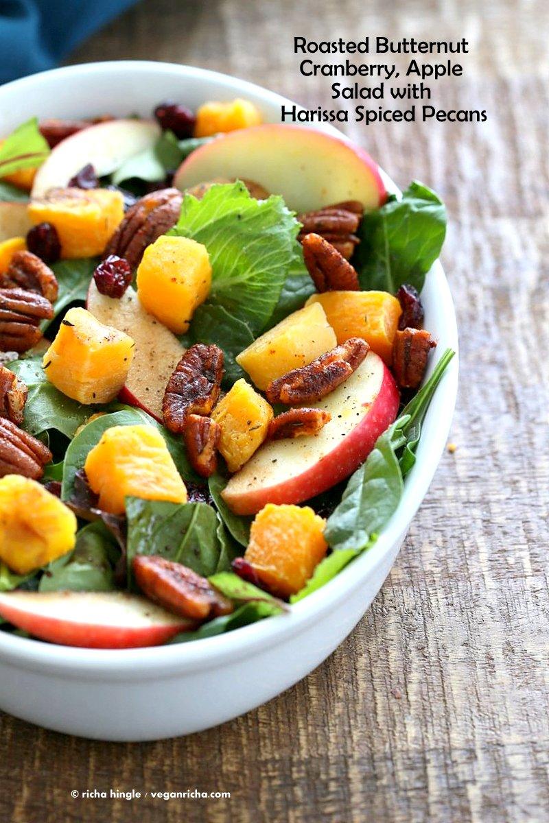 Roasted Butternut Squash Apple Cranberry Salad with harrissa Spiced Pecans