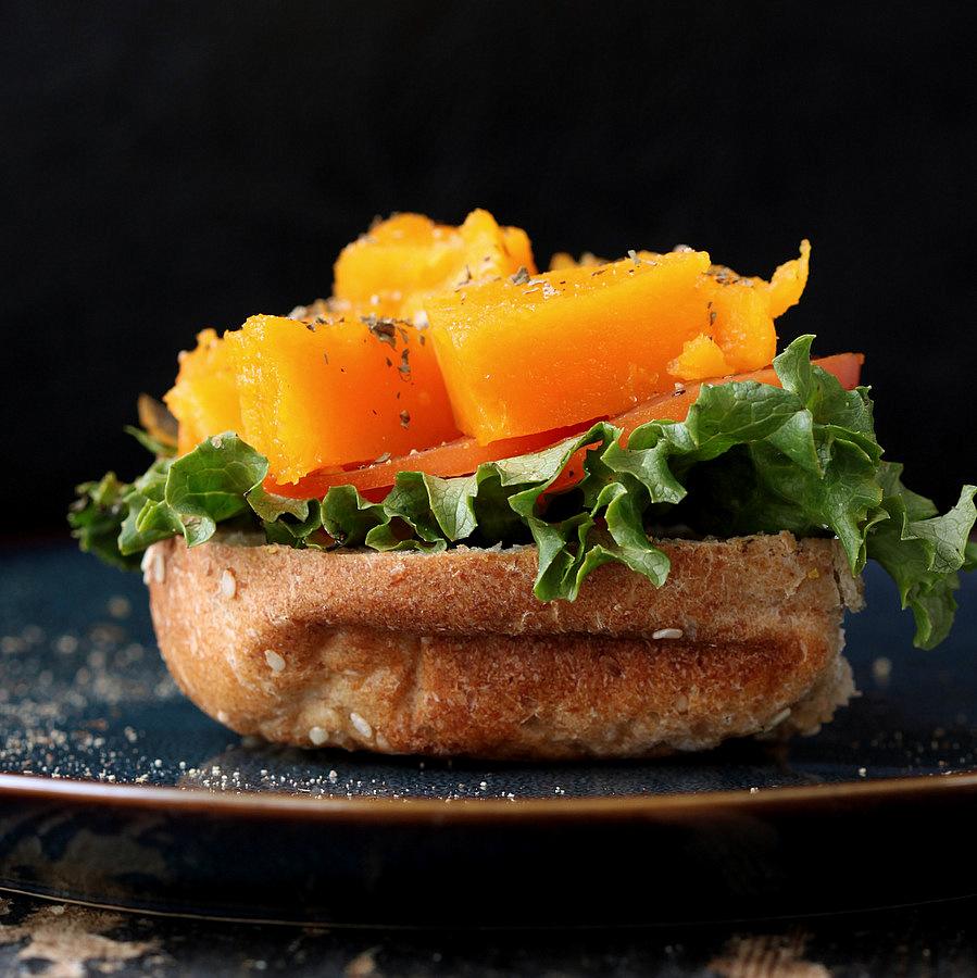 Roasted Butternut Squash Slider with Balsamic Caramelized onions, Sriracha Mayo. Pitzn