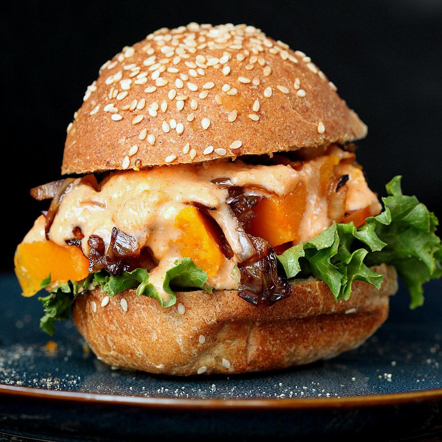 This Roasted Butternut squash Slider has balsamic caramelized onions and sriracha mayo. | VeganRicha.com #vegan #burger #slider
