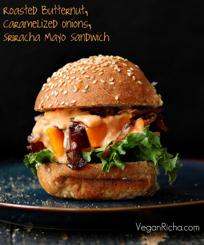 Roasted Butternut Squash Slider with Balsamic Caramelized onions, Sriracha Mayo. Vegan Sandwich Recipe