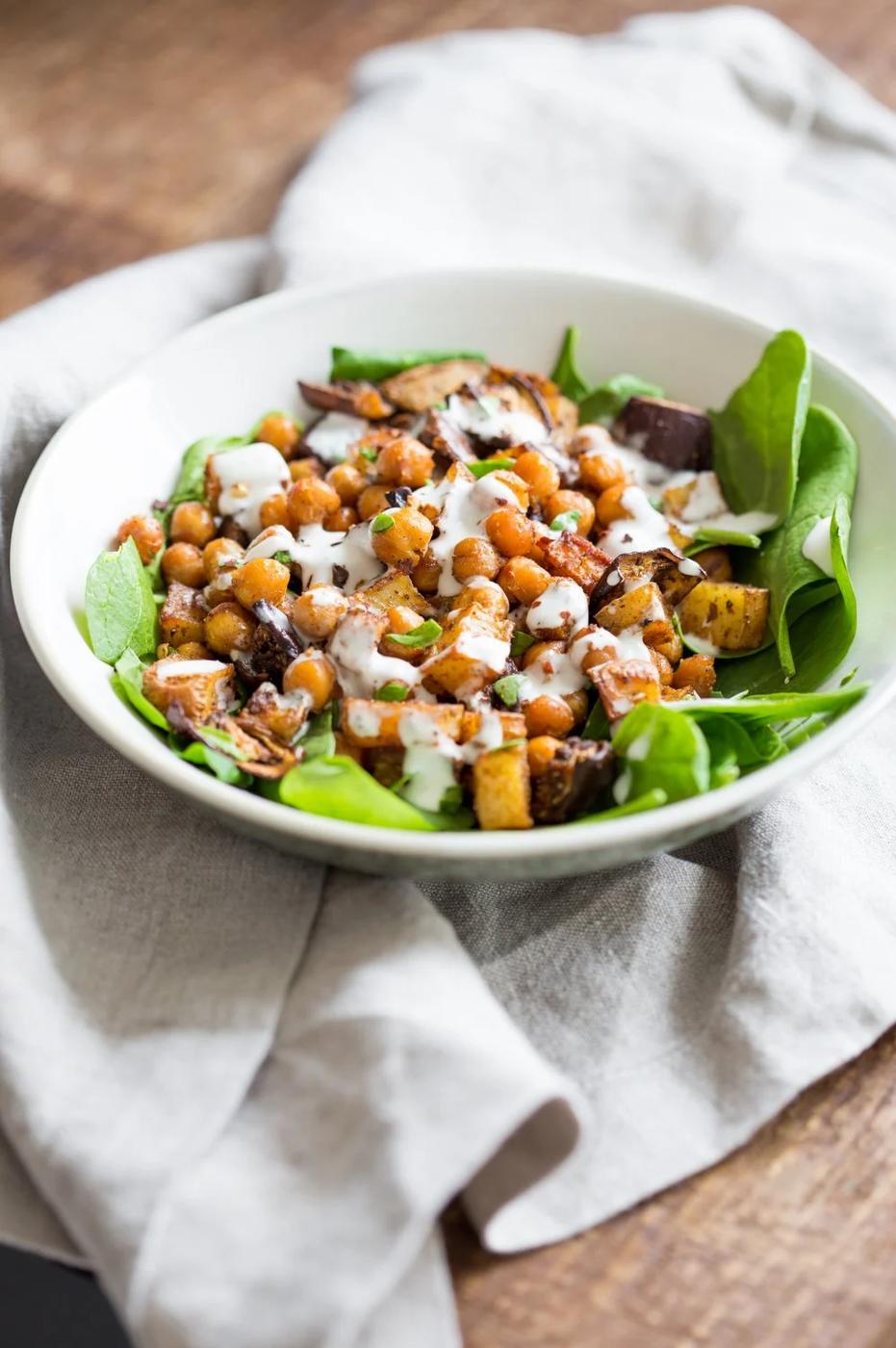Roasted Eggplant Potatoes Chickpeas with Moroccan Merguez seasoning. Veggies tossed in Merguez blend, roasted then served with tahini dressing. #Vegan #Glutenfree #soyfree #Recipe #veganricha | VeganRicha.com