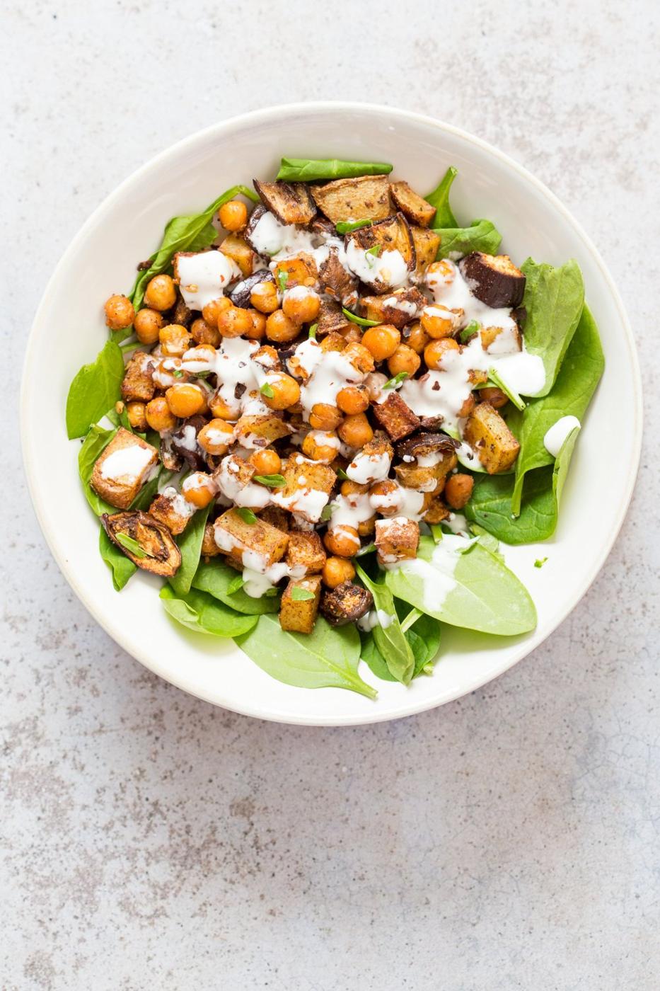 Roasted Eggplant Potatoes Chickpeas with Moroccan Merguez seasoning. Veggies tossed in Merguez blend, roasted then served with tahini dressing. #Vegan #Glutenfree #soyfree #Recipe #veganricha | VeganRicha.com