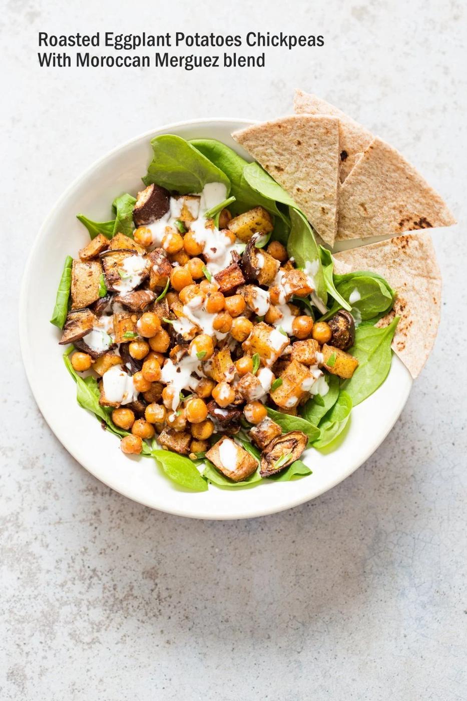 Roasted Eggplant Potatoes Chickpeas with Moroccan Merguez seasoning