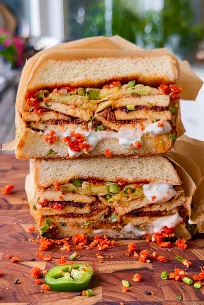 Chili Coconut Garlic Tofu, Pickled Cabbage Sandwich (Vada Pav Chutney Tofu Sandwich)