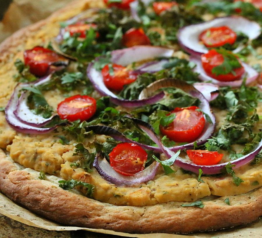 Roasted Hatch Chile White Bean Cheesy Hummus, Kale, Cherry Tomato Pizza. Vegan Mofo Recipe