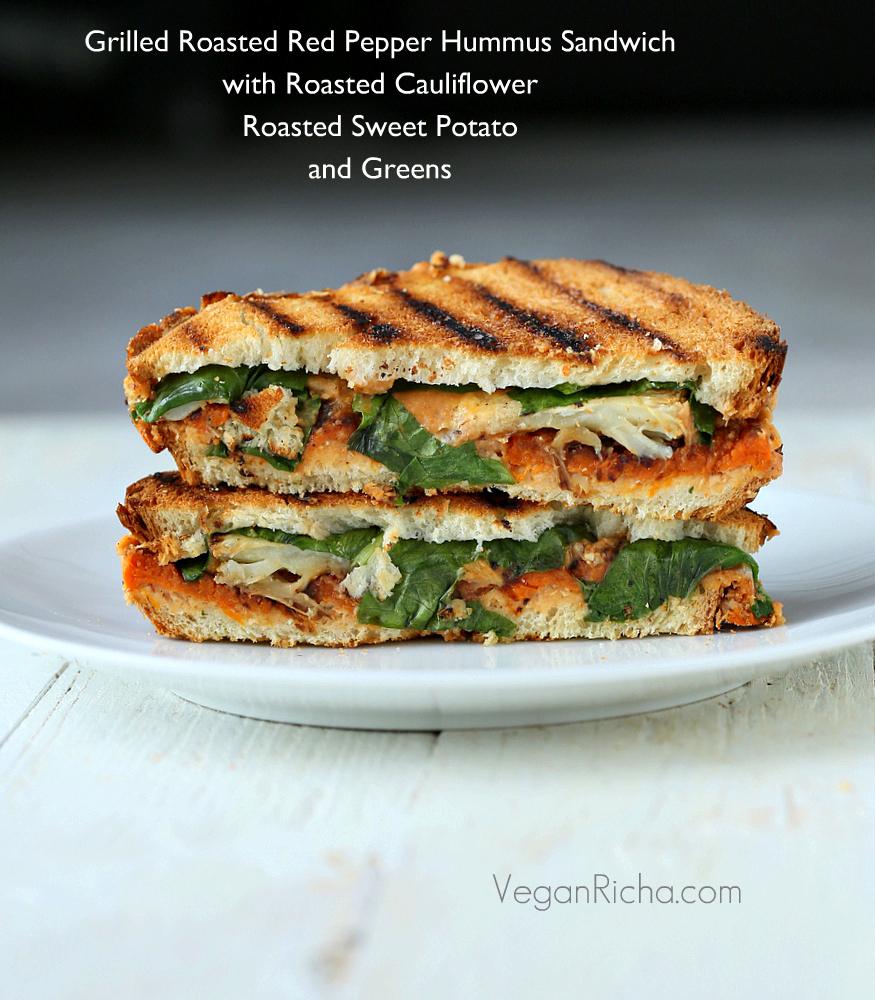 Roasted Red Pepper Hummus Sandwich with roasted Cauliflower, Sweet Potato, and July 4th cookout round up. Vegan