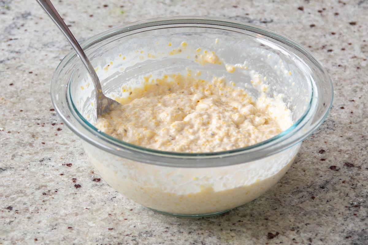 cornbread topping for casserole in a glass bowl