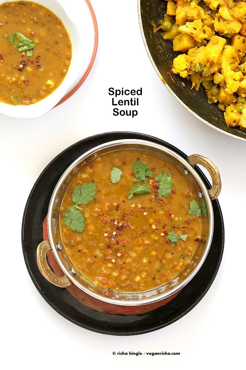 Sabut Masoor Ki Daal - Whole Masoor Dal, Brown Lentil soup with Indian Spices | VeganRicha.com #vegan #glutenfree #soyfree #nutfree